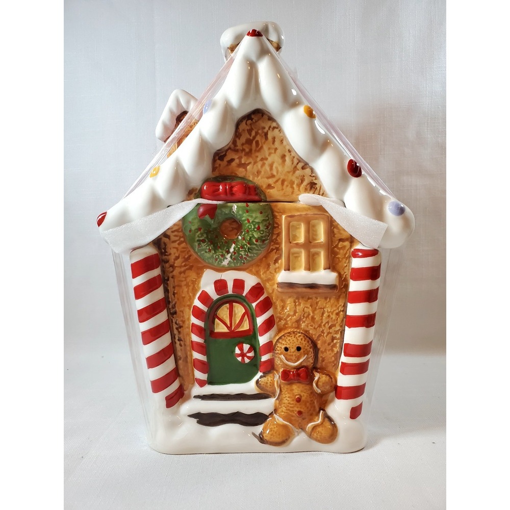 Gingerbread Houseβ Ceramic Christmas Cookie Jar Candy Cane Holiday Decor
